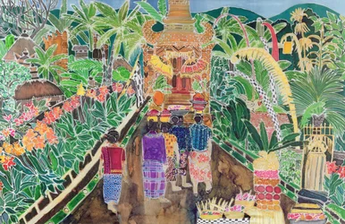 Procession, Peliatan, Bali, 1996 (barevné inkousty na hedvábí)